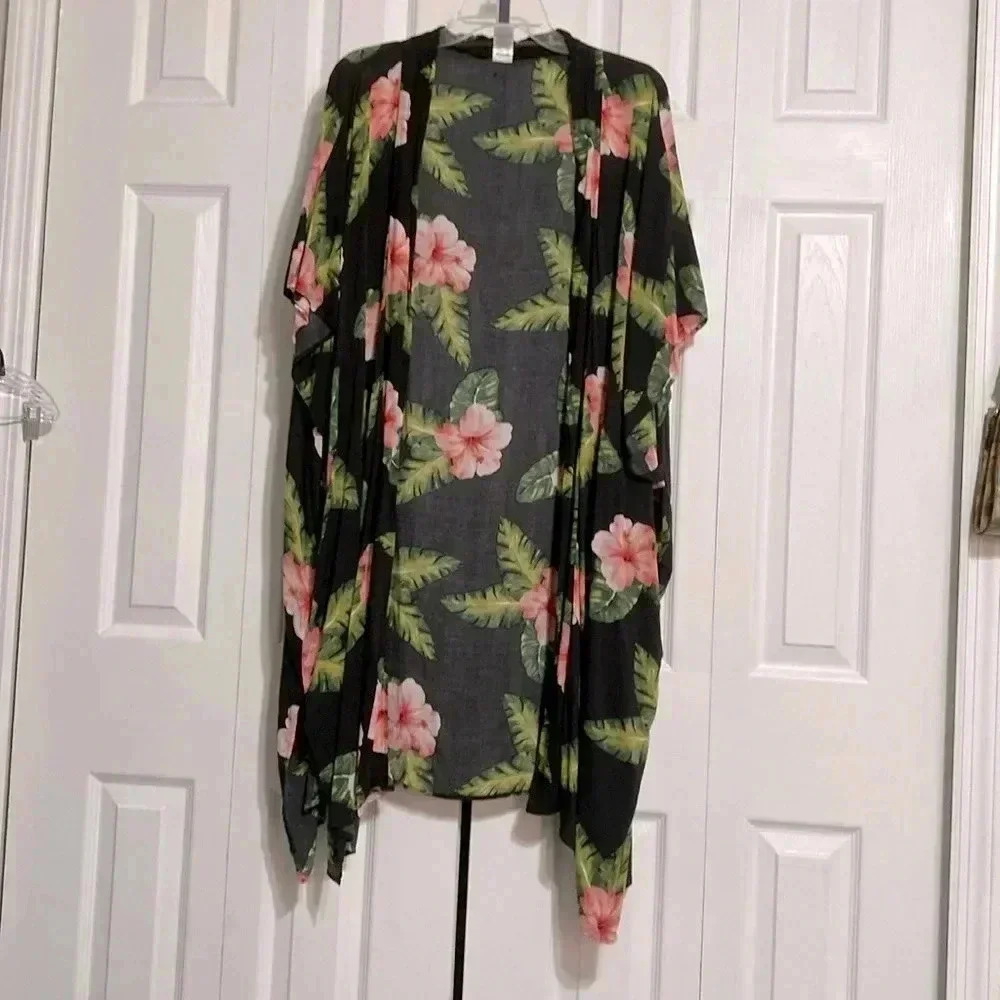 SKYE black tropical floral open cardigan beach cover top size ONE SIZE